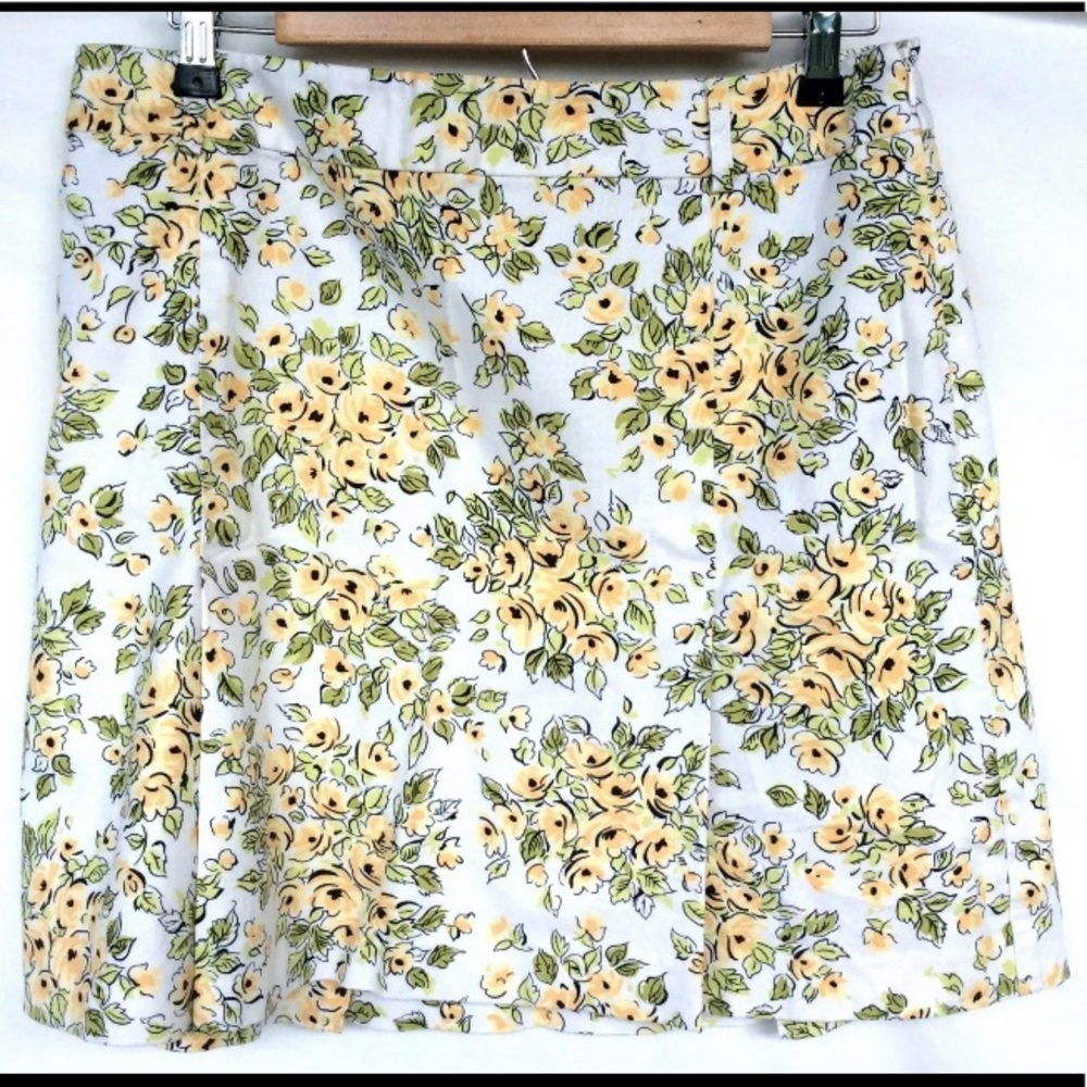 Ann Taylor LOFT 10 Yellow Floral Cotton Pleated Skirt NICE‎